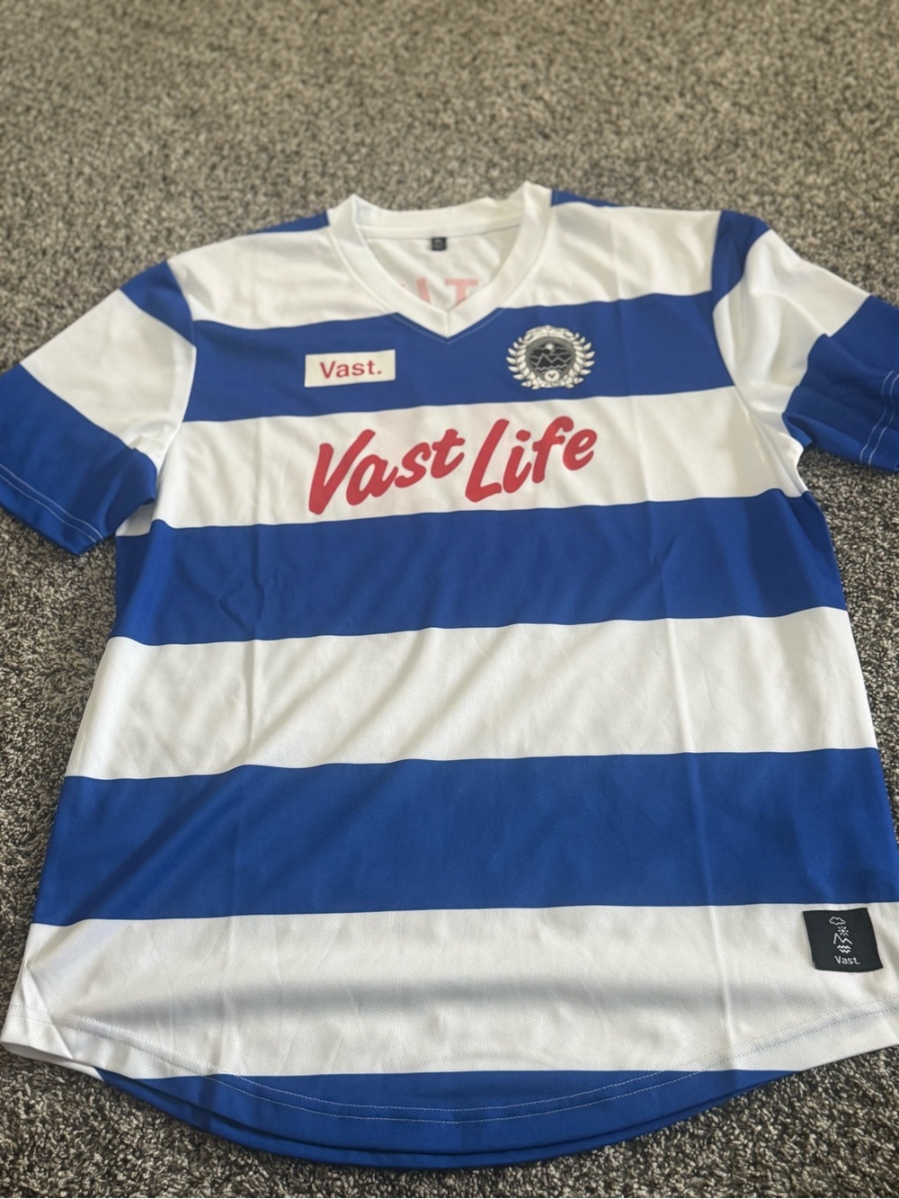 Mens Blue & White Striped Short Sleeve Soccer Jersey